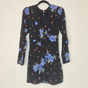 Free People Date Night Mini Dot Dress XS‎ Moonlight Combo Long Sleeve  V neck